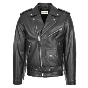 Men's Biker Brando Leather Jacket with Fringes Black front view