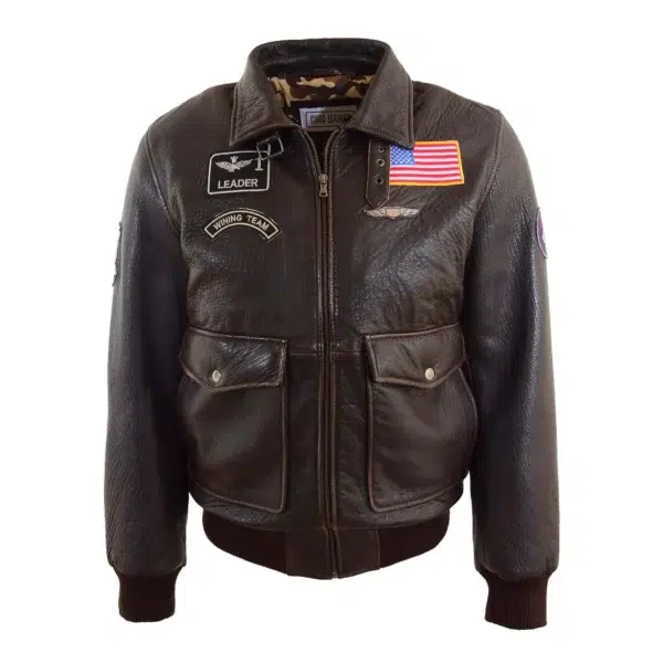 Front side view of Men's Real Leather Bomber G-1 Bomber Jacket Airforce Badges FINCH Brown