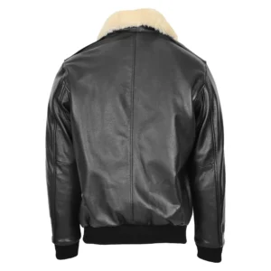 Bomber Leather Jacket For Men with Sheepskin Collar Viggo Black rear side