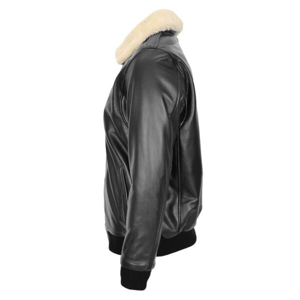 Bomber Leather Jacket For Men with Sheepskin Collar Viggo Black lateral side