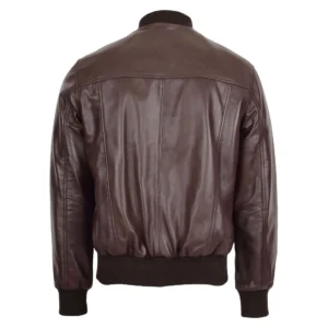 Back view of Men's Slim Fit MA1 Leather Bomber Jacket Ryan Brown