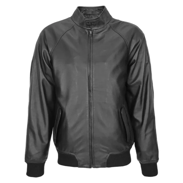 Front view of Mens Real Leather Bomber Jacket Raglan Shoulder Francis Black