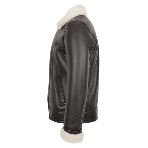 Side angled view of Men's Cross Zip Aviator Pilot Jacket Blen Brown White