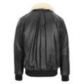 Back view of a black leather bomber jacket with a soft white shearling collar and elasticized waistband and cuffs, displayed against a white background