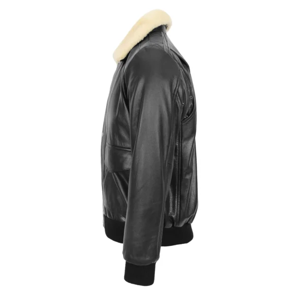 Angled view of a black leather bomber jacket with a soft white shearling collar and elasticized waistband and cuffs, displayed against a white background