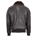 Back view of a dark brown leather bomber jacket with a soft white shearling collar and elasticized waistband and cuffs, displayed against a white background