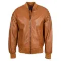 Front view of Men's Slim Fit MA1 Leather Bomber Jacket Ryan Tan