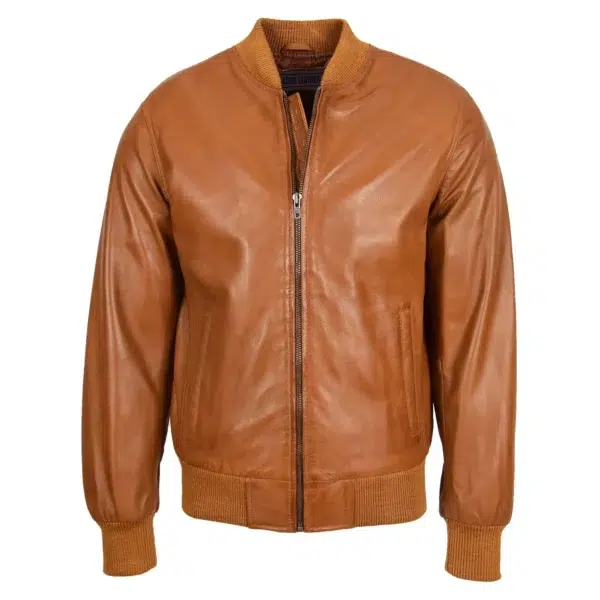 Front view of Men's Slim Fit MA1 Leather Bomber Jacket Ryan Tan