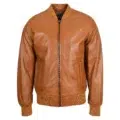 Mens Slim Fit MA1 Leather Bomber Jacket Ryan Tan