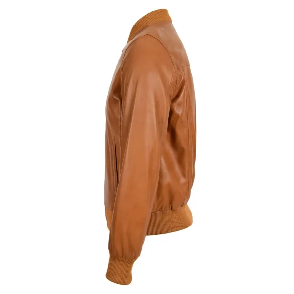 Angled view of Men's Slim Fit MA1 Leather Bomber Jacket Ryan Tan