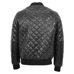 Back view of Mens Leather Quilted Bomber Jacket Black