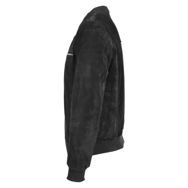 Angled view of Men's Suede Bomber Varsity Jacket Reg Black