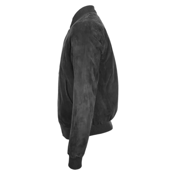 Angled view of Men's Suede Bomber Varsity Jacket Trevor Black