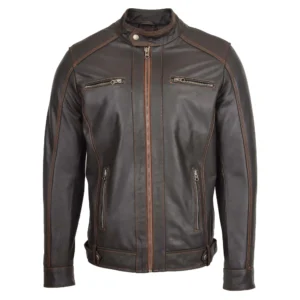 Men's Classic Leather Biker Style Zip Jacket Ethan Brown front view with zip closed all the way up