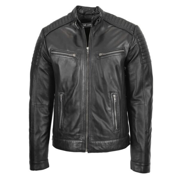 Men's Leather Cafe Racer Biker Jacket Ron Black front side with zip opened a bit