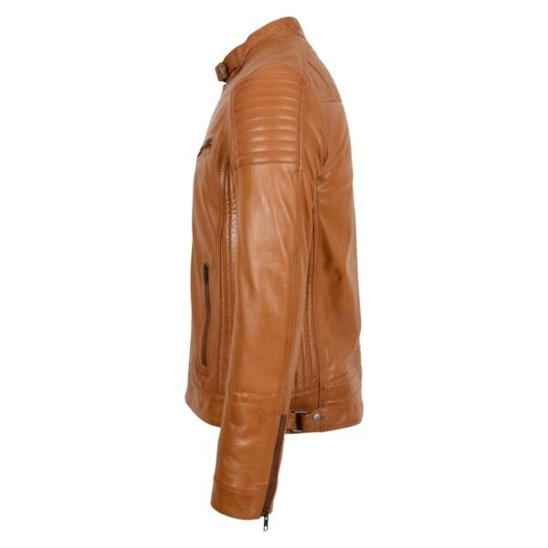 Men's Leather Cafe Racer Biker Jacket Ron Tan lateral side