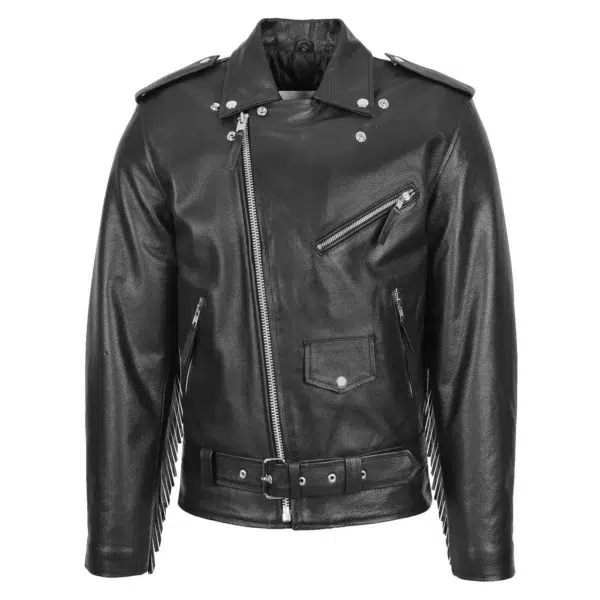 Men's Biker Brando Leather Jacket with Fringes Black front view with zip closed