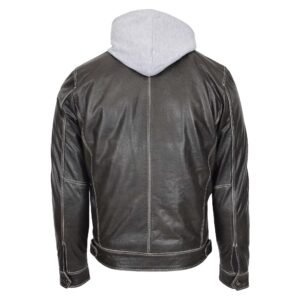 Men's Leather Detachable Hoodie Work Jacket Cypher Grey rear view with white background