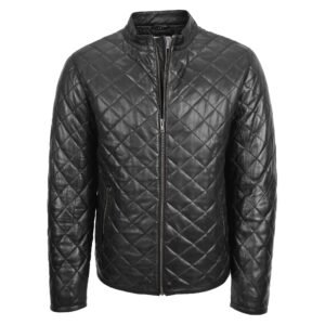 Men's Leather Quilted Anorak Style Jacket Jeff Black front view with white background