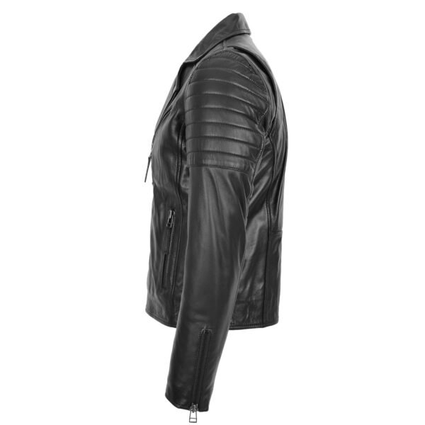 Men's Dual Cross Zip Leather Biker Jacket Black lateral view