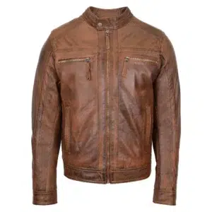 Men's Biker Soft Casual Leather Jacket Tan front view