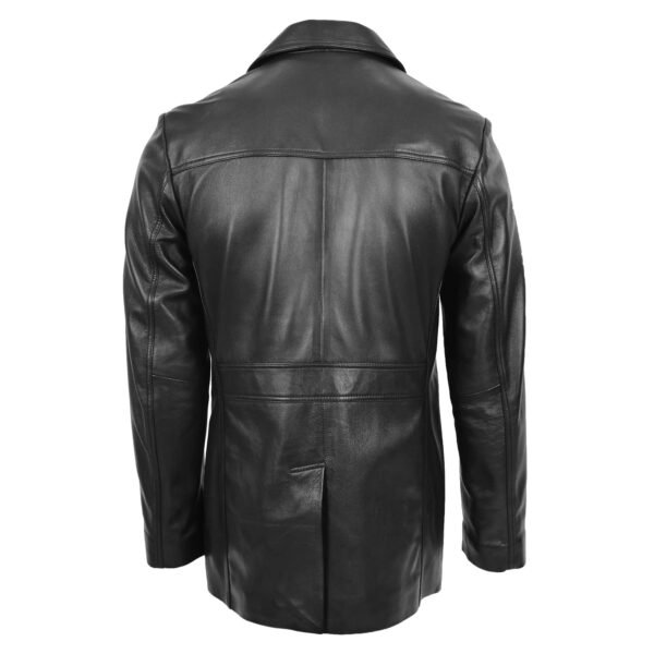 Back view of Men's Leather Reefer Jacket Button Fastening Jerry Black'