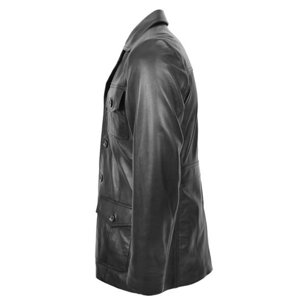 Angled view of Men's Leather Reefer Jacket Button Fastening Jerry Black'