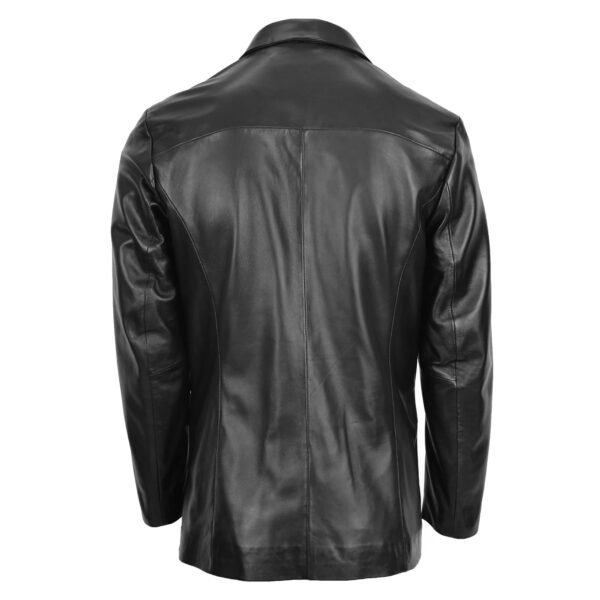 Back view of Men's Classic Three Button Soft Leather Blazer David Black