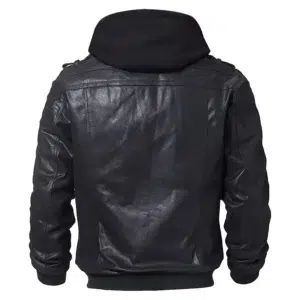 Back view Men’s Real Leather Jacket with Removable Hood