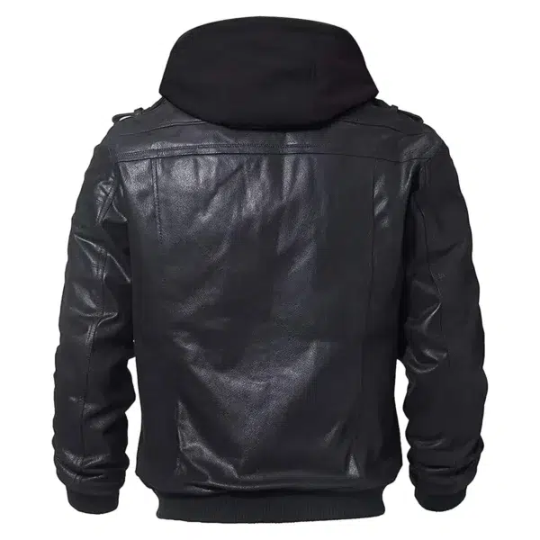 Back view Men’s Real Leather Jacket with Removable Hood