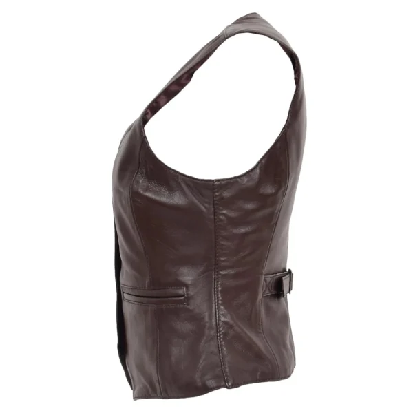 Angled view of Women's Leather Classic Buttoned Waistcoat Rita Brown