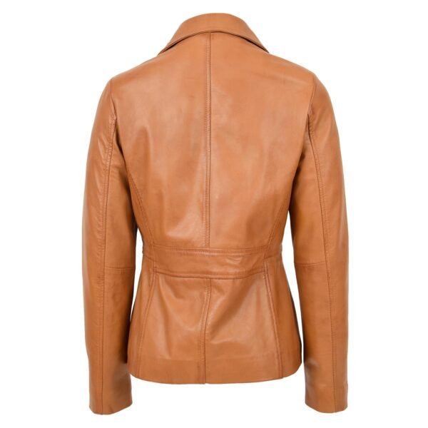 Back view of Women's Classic Three Button Leather Blazer Ruth Tan