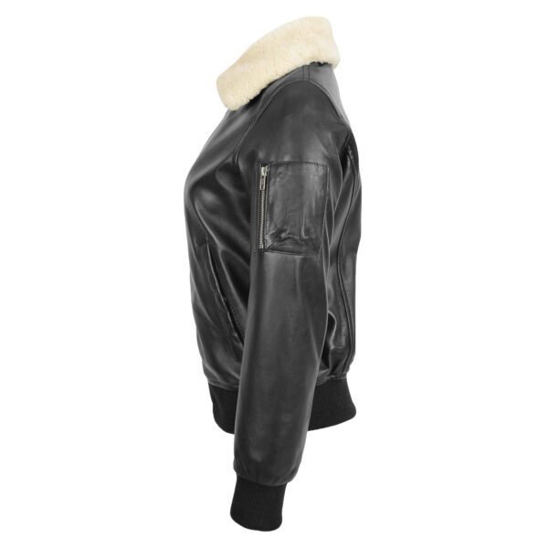 Angled view of Women's Leather Bomber Jacket Removable Collar Thea Black