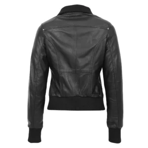 Back view of Women's Leather Classic Bomber Jacket Motto Black