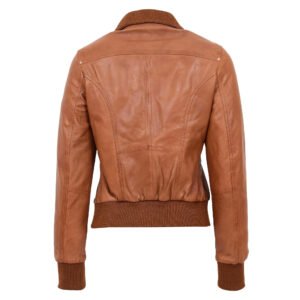 Back view of Women's Leather Classic Bomber Jacket Motto Tan