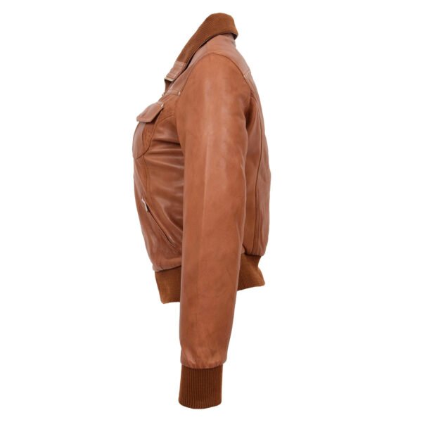 Angled view of Women's Leather Classic Bomber Jacket Motto Tan