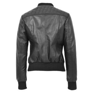 Back view of Women's Leather Varsity Quilted Bomber Jacket Sally Black