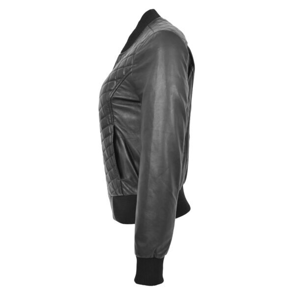 Angled view of Women's Leather Varsity Quilted Bomber Jacket Sally Black