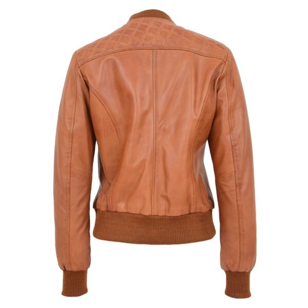 Back view of Women's Leather Varsity Quilted Bomber Jacket Sally Tan