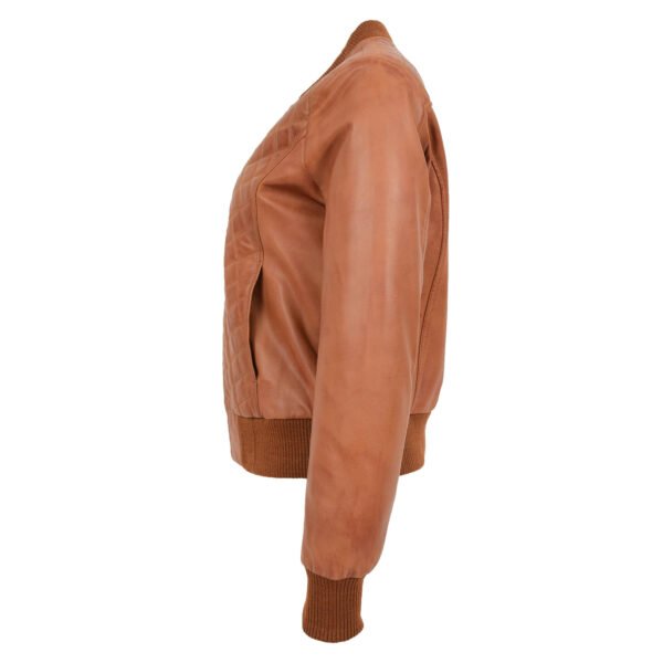 Angled view of Women's Leather Varsity Quilted Bomber Jacket Sally Tan