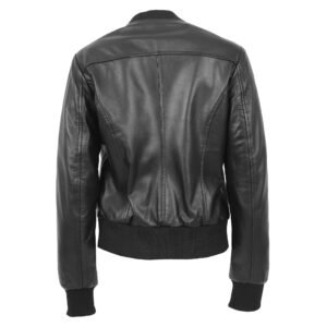 Back view of Women's Real Leather Varsity Bomber Jacket Faye Black