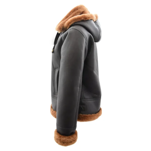 Angled view of Women's Sheepskin B3 Detachable Hoodie Jacket Naomi Brown Ginger Fur