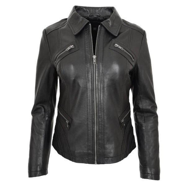 Womens Classic Leather Biker Zip Box Jacket Nova Black