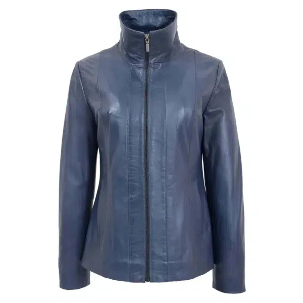 Front view of Women's Classic Zip Fastening Leather Jacket Julia Blue