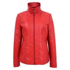 Front view of Women's Classic Zip Fastening Leather Jacket Julia Red