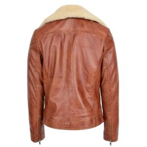 Back view of Women's Leather Biker Jacket with Detachable Collar Lauren Chestnut