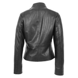 Back view of Women's Leather Casual Standing Collar Jacket Ivy Black