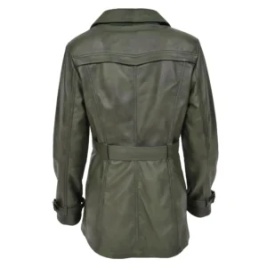 Back view of Women's Leather Double Breasted Trench Coat Sienna Green