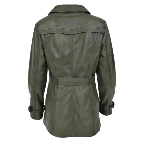 Back view of Women's Leather Double Breasted Trench Coat Sienna Green