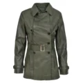 Front view of Women's Leather Double Breasted Trench Coat Sienna Green with belt on